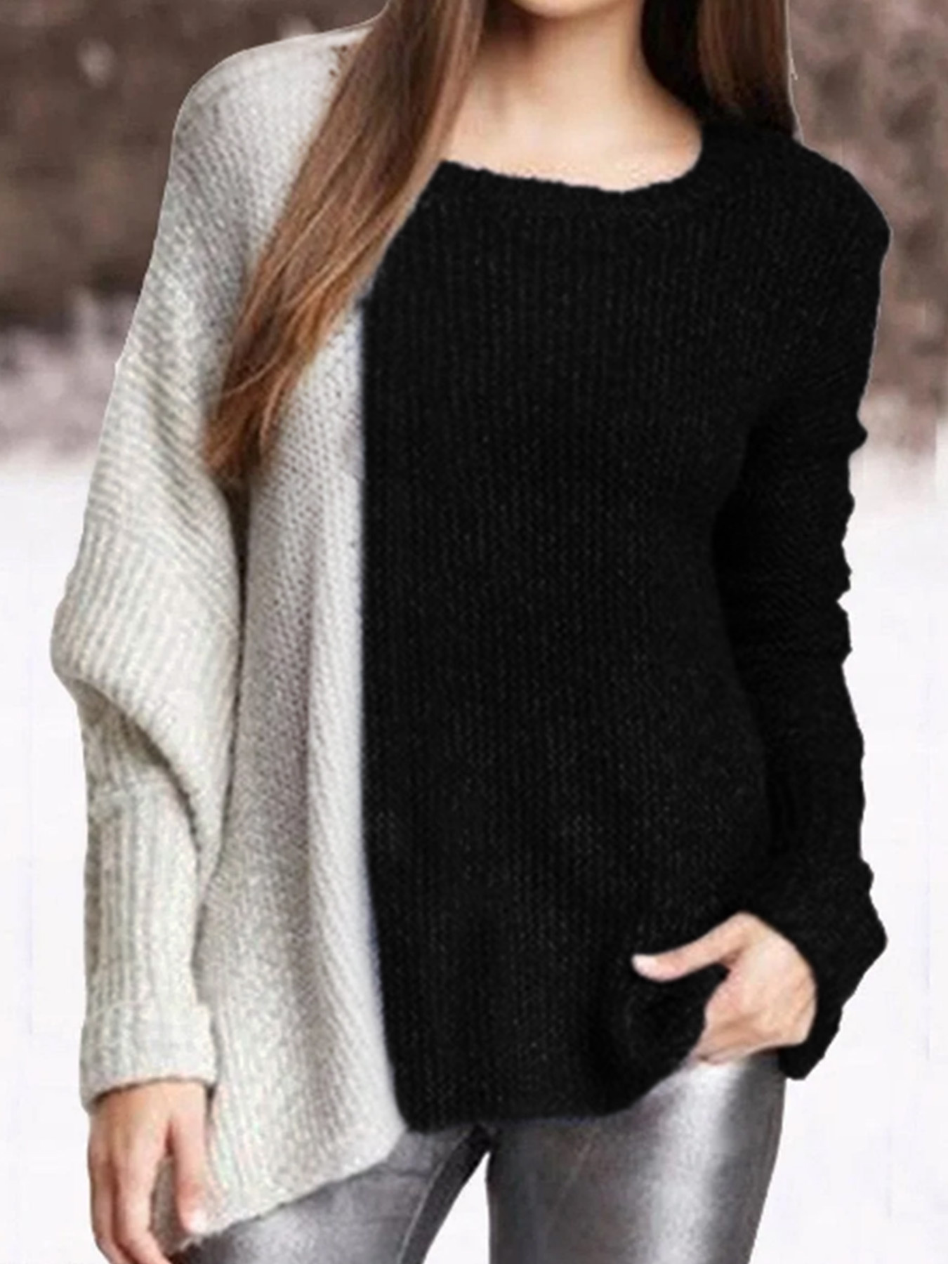 Loose Knitted Sweater Crew Neck Color Contrast Knitwear For Lady